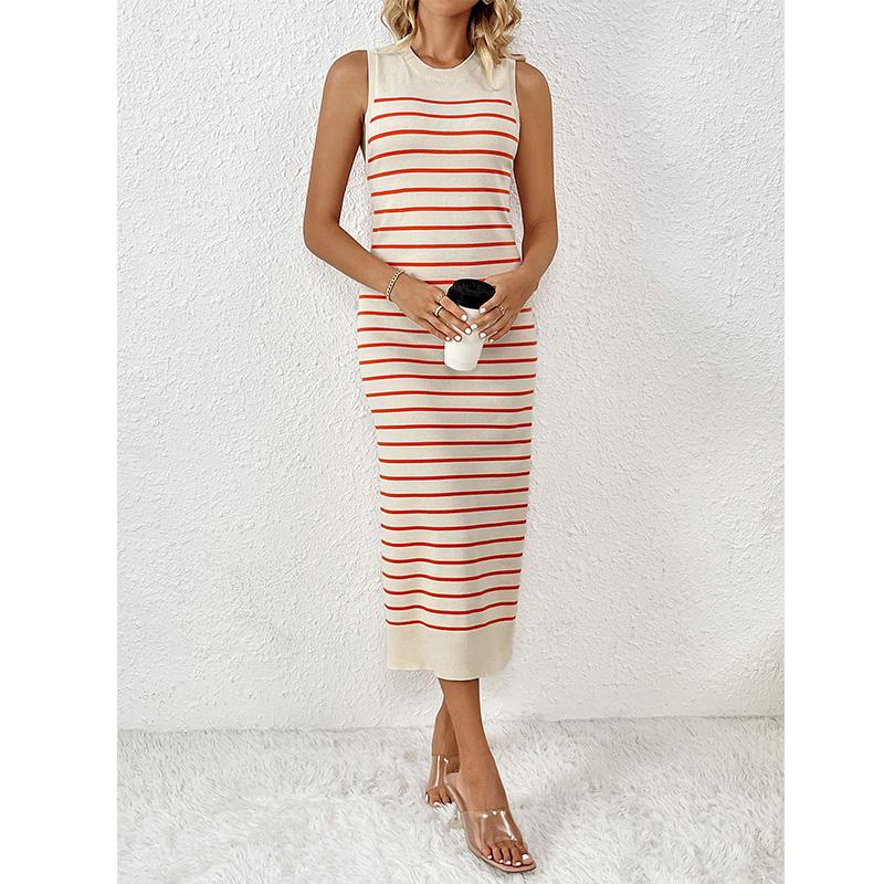 Spring/Summer New Slim Intercolored Women's Knitwear Striped Long Skirt Fashion Dress