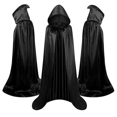Schwarzes Satin-Zauberergewand und Hut - Mittelalterliches Cosplay-Umhang für Erwachsene und Kinder