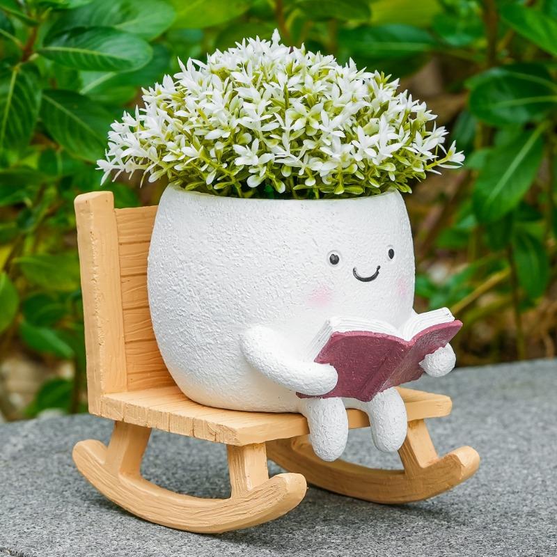 Angel resin rocking chair succulent pot for indoor tables and courtyards, handmade decor and nice gift for plant lovers.