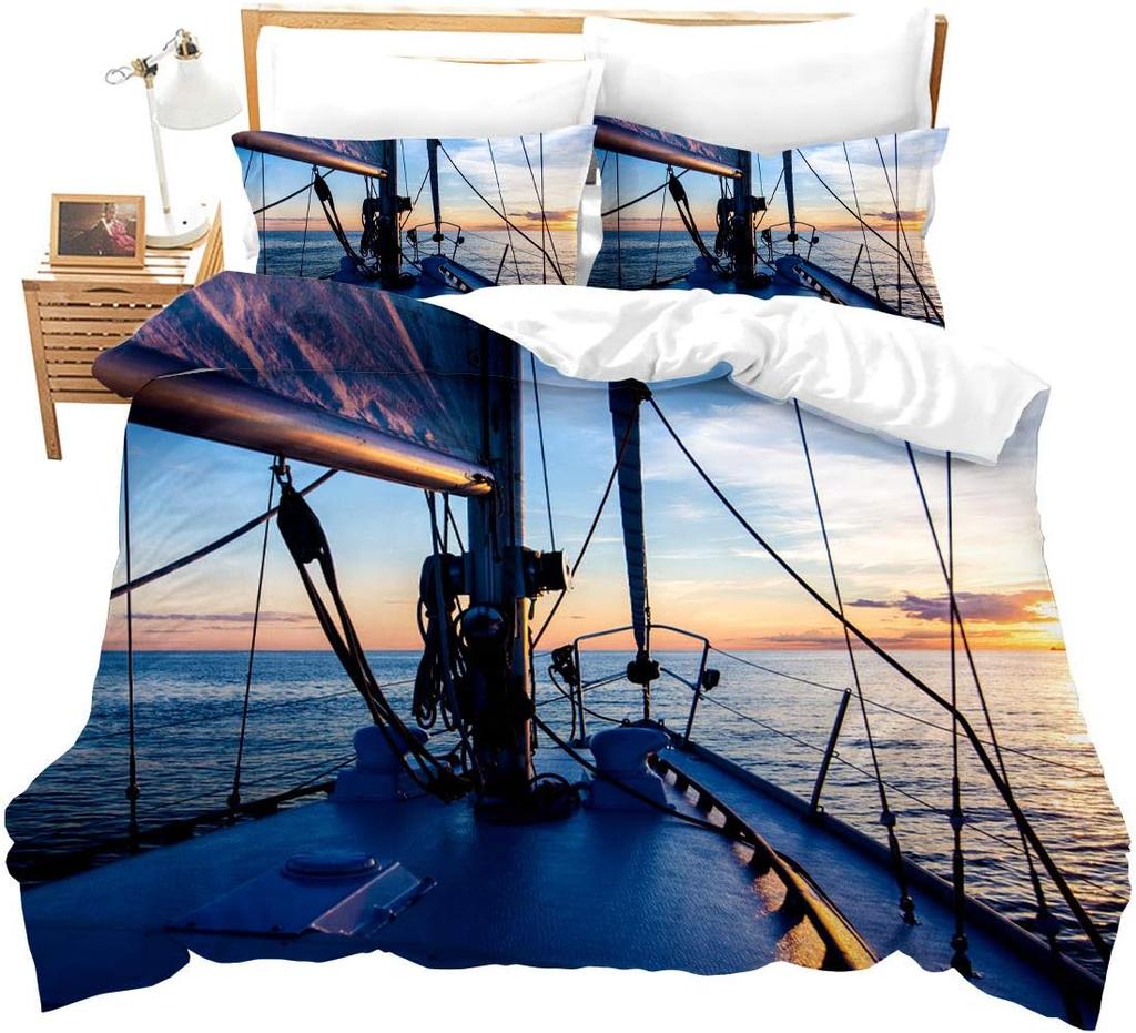 Nautical Comforter Set Blue Ocean Duvet Cover Set, Ship Boat Pattern on Beach,Sailing Ship Anchor Decor Corner Ties Wave Pattern