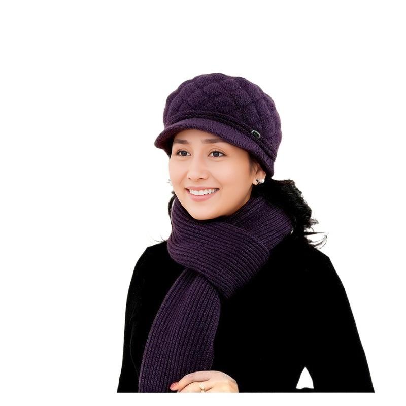 Women's Winter Warm Knitted Beret & Scarf Set - Velvet-Lined for Middle-Aged & Elderly
