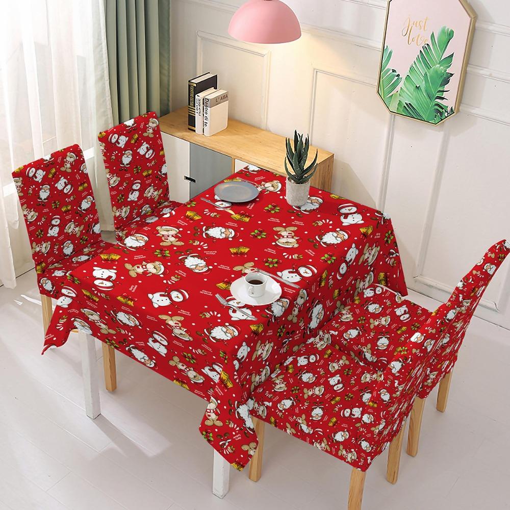 Christmas Polyester Waterproof Tablecloth with Printed Chair Covers Santa Claus Design Festive Decor