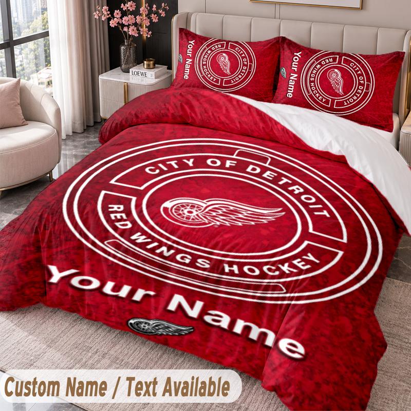 Detroit Red Wings Printed Bedding Set Custom Name Text 1 Duvet Cover 2 Pillowcases For Bedroom