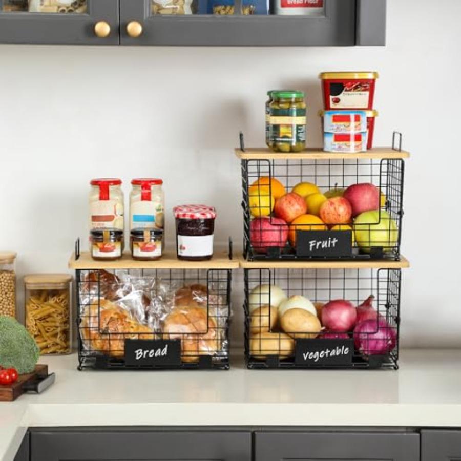 2 Set XL Stackable Wire Basket with Bamboo Tops Tags- Pantry Organizer and Storage Bins Kitchen Counter Cabinet Shelf Counterto