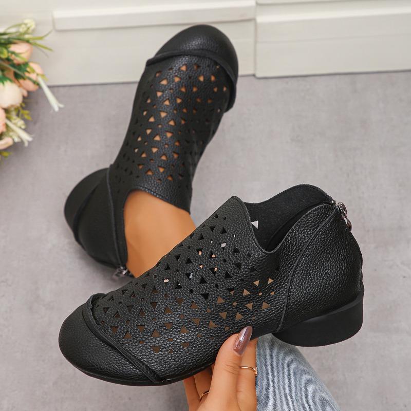 Fashion 2025Summer New Hollow Sandals for Jurgen Leather Retro Style Soft Women's Shoes Thick Heel Breathable Mid-high Heel Single Shoes