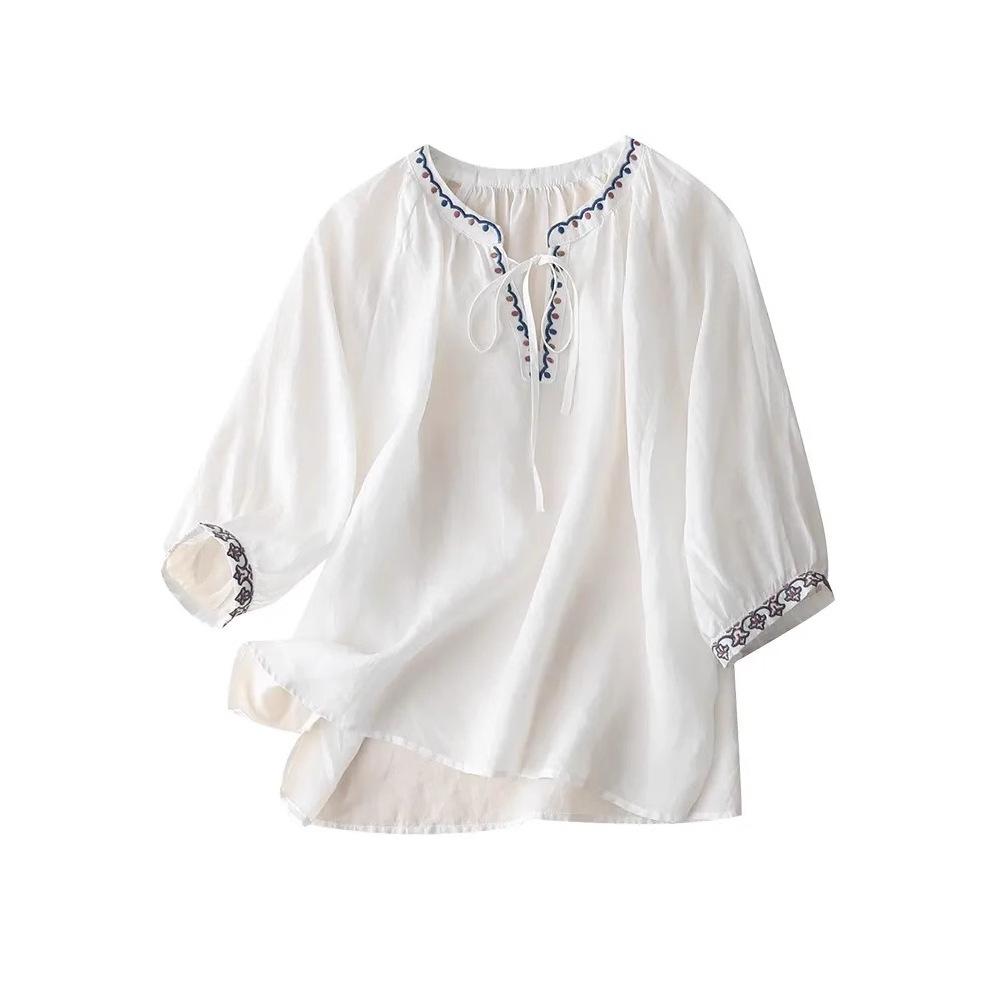 Classical Cotton and Linen Embroidered V-neck Lace-up Seven-quarter Sleeve T-shirt Women's T-shirt Loose Summer New Women's Top