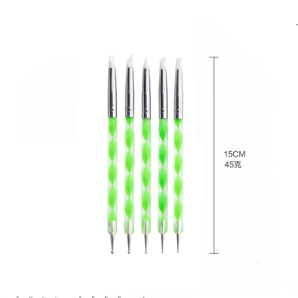 5Pcs 2 Way Nail Art Acrylic Silicone Point Flower Nail Pen Stainless Steel Dotting Tools Marbleizing Painting Pens