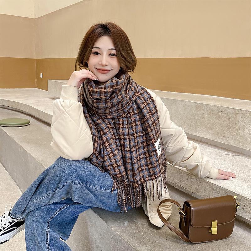 

Двусторонний клетчатый шарф, женский высококачественный корейский осенне-зимний новый студенческий утолщенный шарф из дикого кашемира с имитацией кашемира, шаль 70x200cm