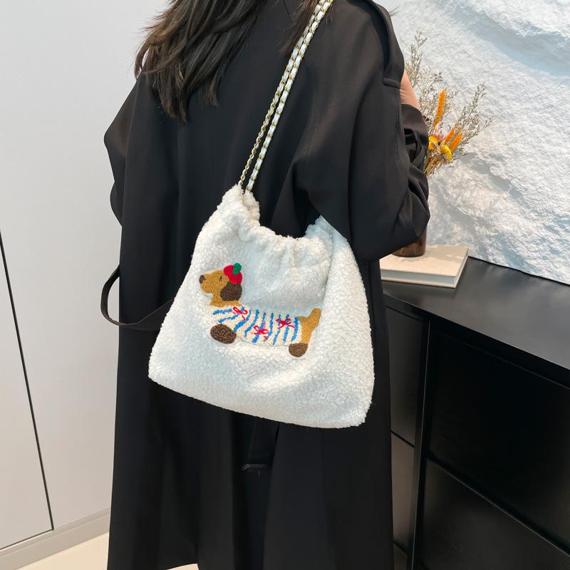 Koreanischer Stil Mode Einfache Damenhandtasche Neue Plüsch Dackel Hund Umhängetasche Ins Lässige Studenten Trendige Tragetasche