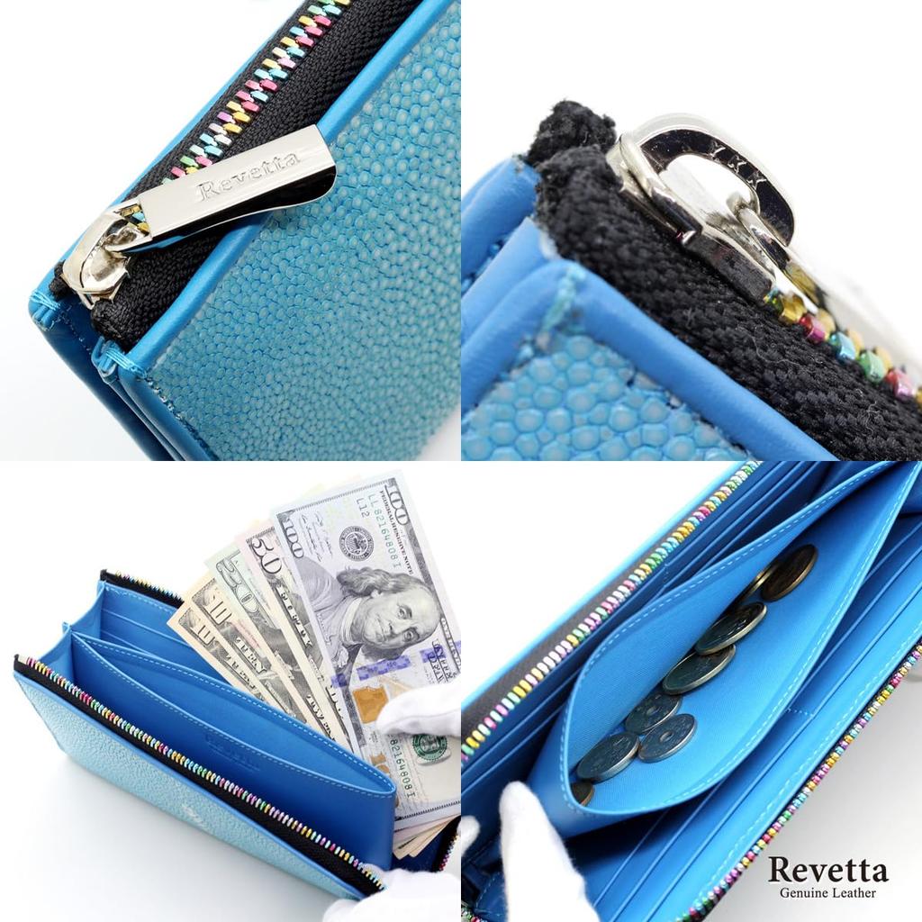 Levetta Stingray Leather Long YKK Mix Sky Light and Genuine Leather Wallet, Colors, L-Zip, Galuchat, Stingray, Blue, Blue, Men's Women's, [164-2stw]
