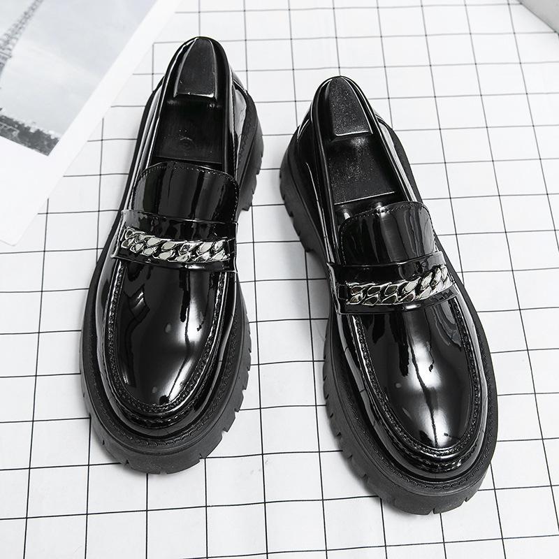 2025 New Men's Big Head Leather Shoes Thick Sole Heightening Patent Leather Glossy Casual Thick Heel Loafers Hairstylist Trendy Shoes