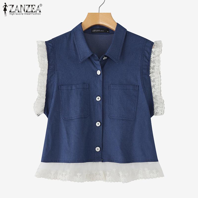 

ZANZEA Women Summer Lace Hem Sleeveless Buttons Up Casual Tank Tops S чорний