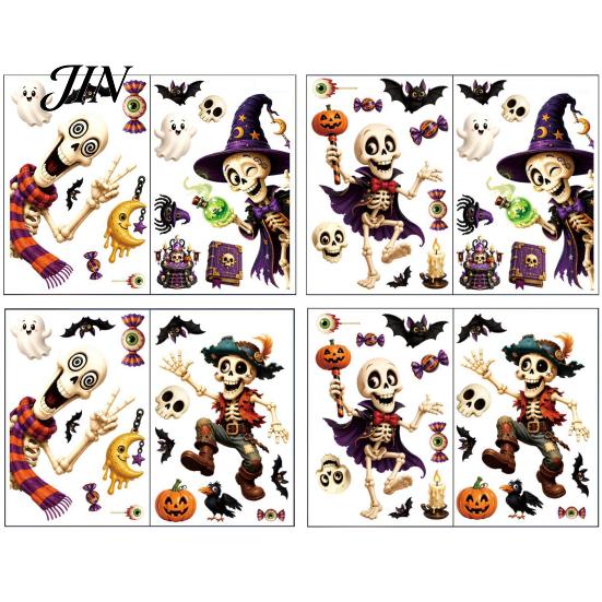 Translucent Halloween Window Cling 2 Sheets Clings, Cartoon Skeleton Static Stickers, Funny Stickers Ghosts Bats Pumpkins for Glass Doors Windows