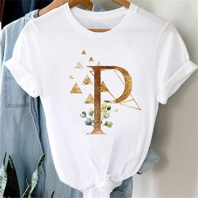 Custom Name Letter Combination Women T Shirt Floral Gold Letter Font A B C D Print Short Sleeve Tee Tops Female T-shirt Clothes