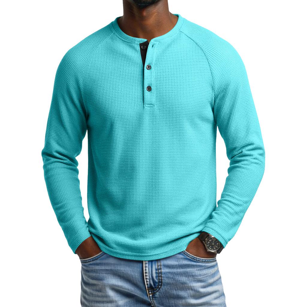 Men's Round Neck Long Sleeve Raglan T-Shirt with Button Placket for Casual Athletic Everyday Wear