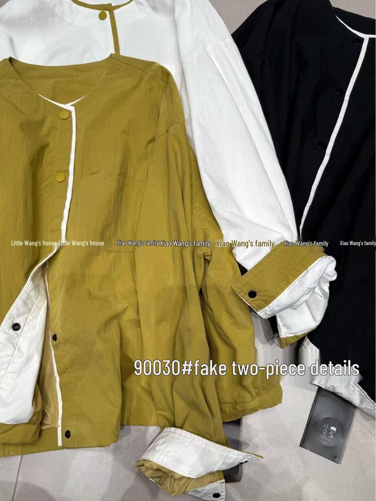 Xiao Wang's Plus Size Korean Style Color Block Round Neck Two-Piece Casual Coat