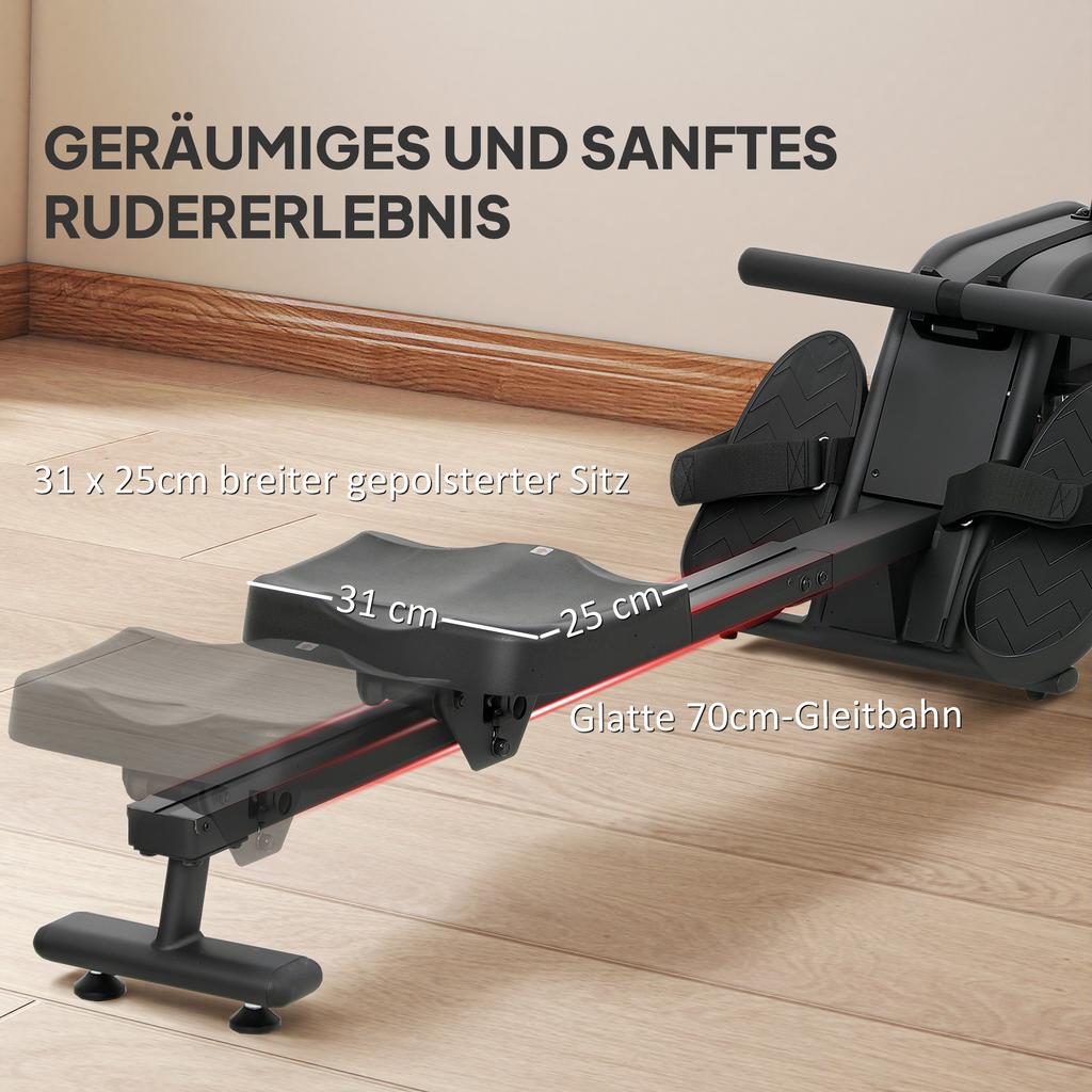 Rudergerät für das Training, Rudergerät mit 6-11 L Wassertank, LCD-Monitor, Handyhalter, 135 kg Belastbarkeit, Stahl, Schwarz