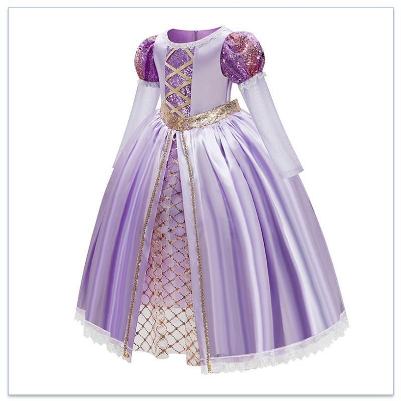 Lila Prinzessinnen-Netzkleid mit langen Haaren, Halloween-Märchenparty-Bühnenkleid für Mädchen