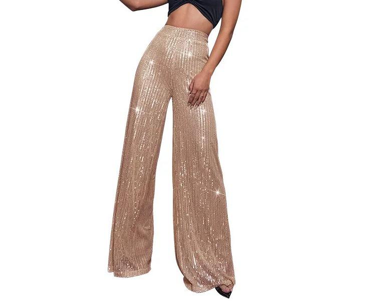 Pantaloni da Donna a Gamba Larga Lunghi Fino ai Piedi con Perle e Paillettes alla Moda 2025
