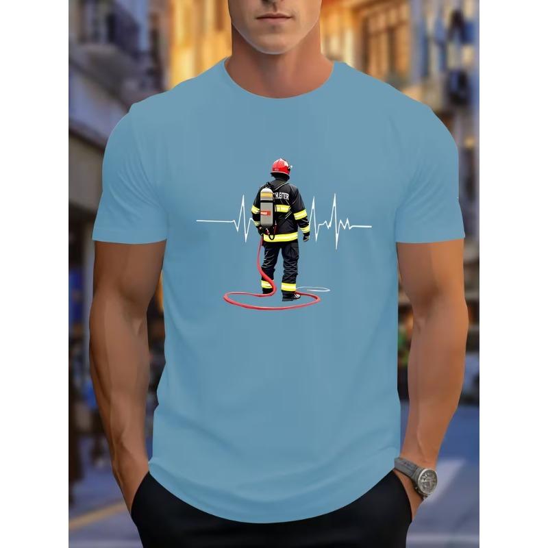 Men Summer T-shirt Firefighter Heartbeat ECG Graphic Print Short Sleeve O-neck Casual Tee Fireman Hero Gift Breathable Tops