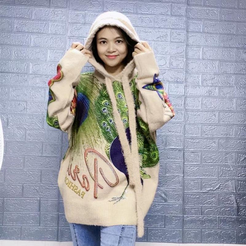 Women's Faux Mink Fur Hooded Sweatshirt: Peacock Hot Drill Design, Autumn & Winter, Stylish Loose Long-Sleeved Top