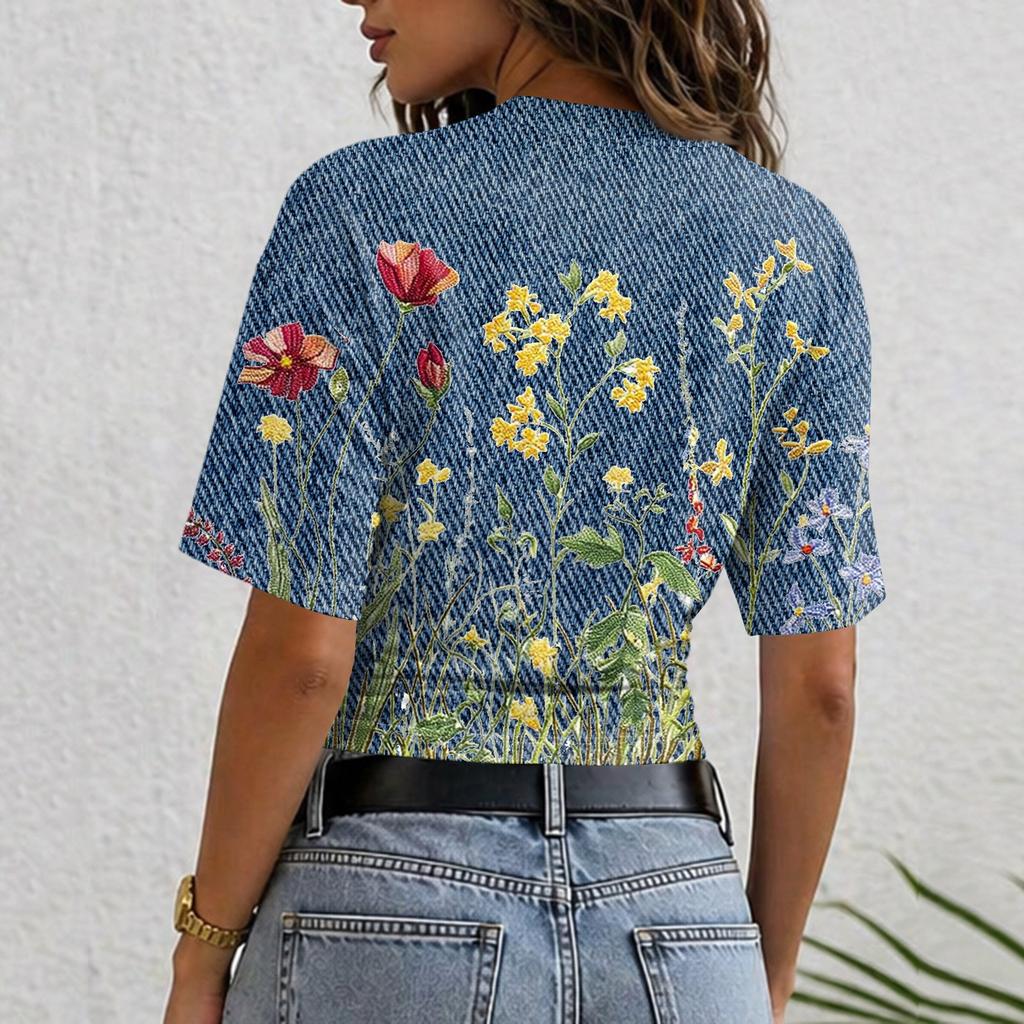 Women's Crew Neck Pullover Short Sleeve T-Shirt Floral Print Loose Fit Casual Top for Everyday Wear