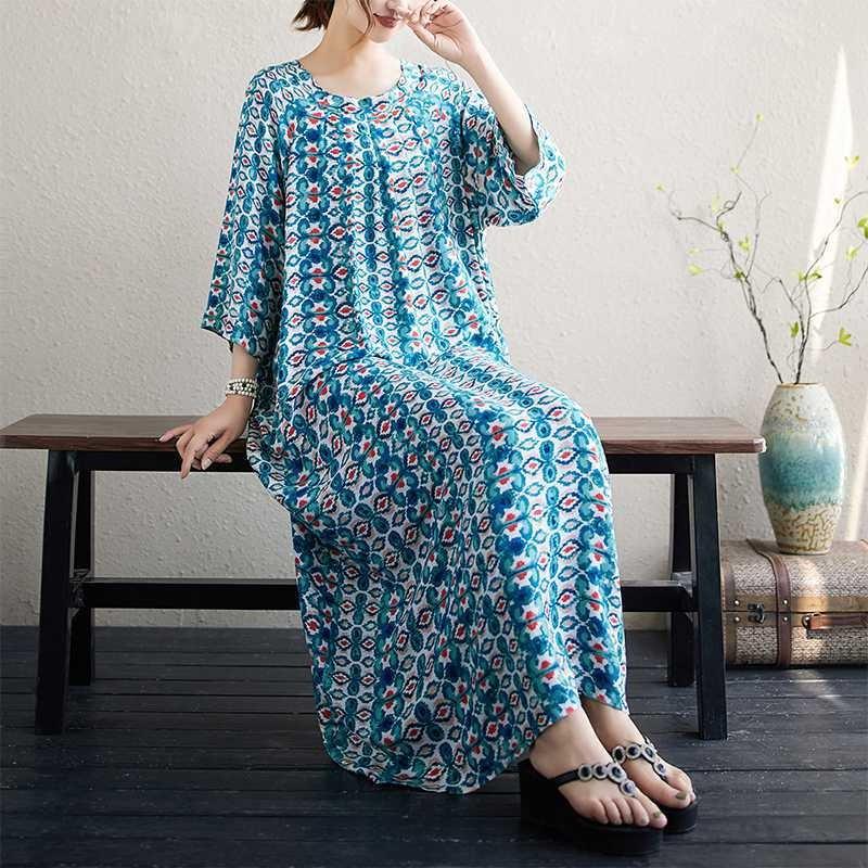 Literary Large Size Printing Women Loose Ethnic Style Dresses