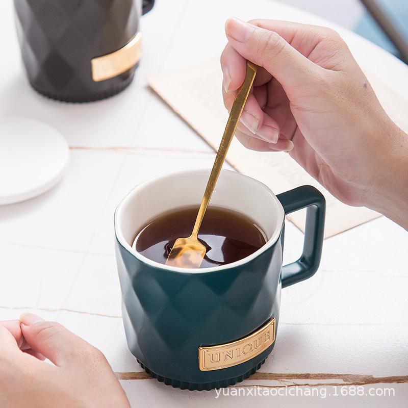 Cross Border Nordic Diamond Diamond Lattice Ceramic Mug Simple White Tie Lid Spoon Coffee Mug Office Home Cup