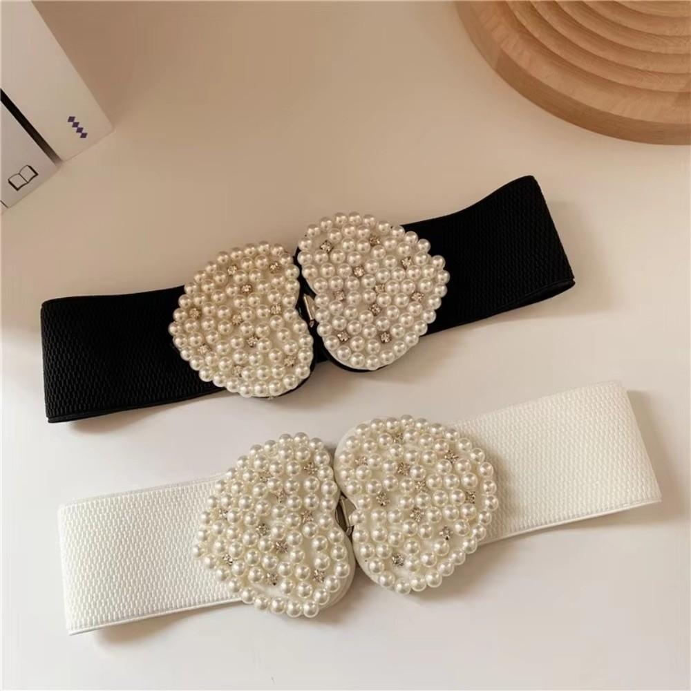 Buckle Pearl Elastic Waistband French Fashionable Stretch Belt Women's Waist Belt Matching Dress