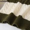 VONDA Autumn Winter Women V-Neck Long Sleeve Striped Knitted Sweaters Pullovers