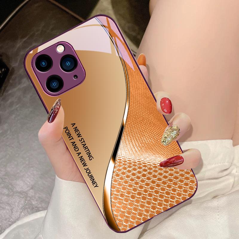 

Black Tempered Glass Phone Case For IPhone 15 Pro 14 13 12 Mini 11 XS Max XR 7 8 Plu SE 2020 2022 Mesh Curve Texture Orange For iPhone SE (2020)
