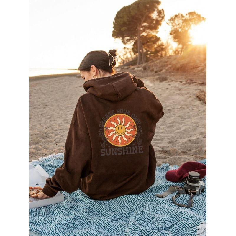 European size shoulder sleeves S---5XL women's fleece sweater plain letter print kangaroo pocket