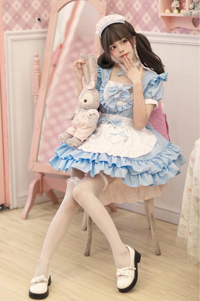 YAISHN Gothic Lolita Maid Available In 4 and with Bell Halloween Cute Lolita Short Bow and Performance Includes Socks Outfit, Popular, Colors Pink,