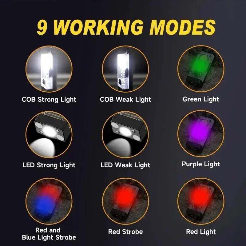 COB Keychain Work Light with Dual Light Source Rechargeable Solar Powered 9 Modes Magnet Base for Camping Fishing Repair Walk
