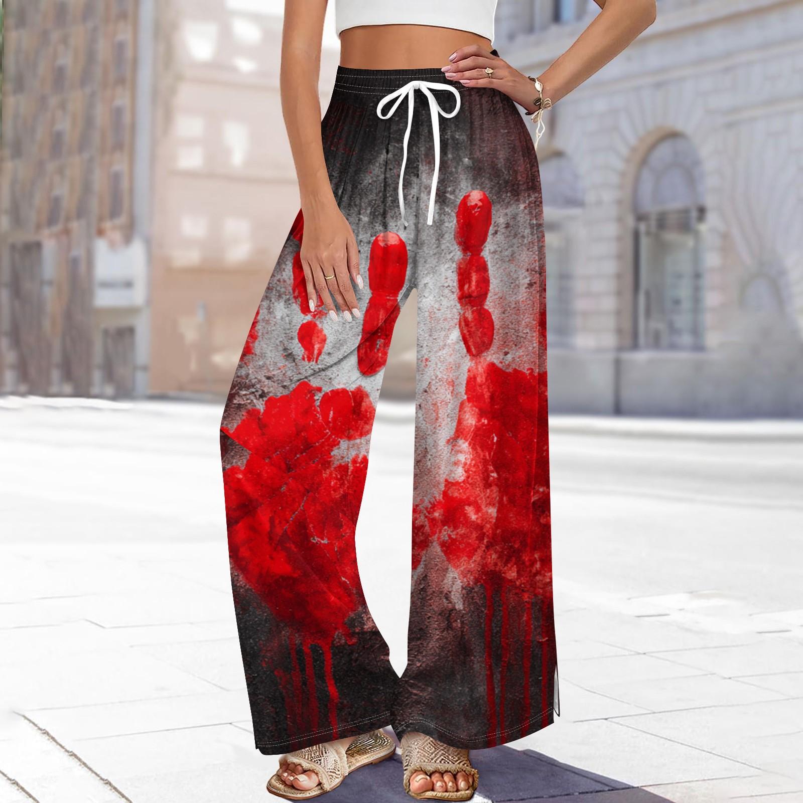 

Женские повседневные модные брюки прямого кроя с широкими штанинами, эластичной талией на кулиске, карманами и принтом на Хэллоуин M