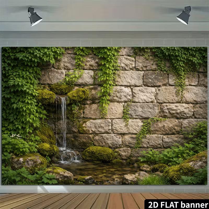2D Natural Mossy Stone Wall Waterfall Backdrop, 2D Flat Printing Background Cloth for Outdoor Party & Photo Shoot