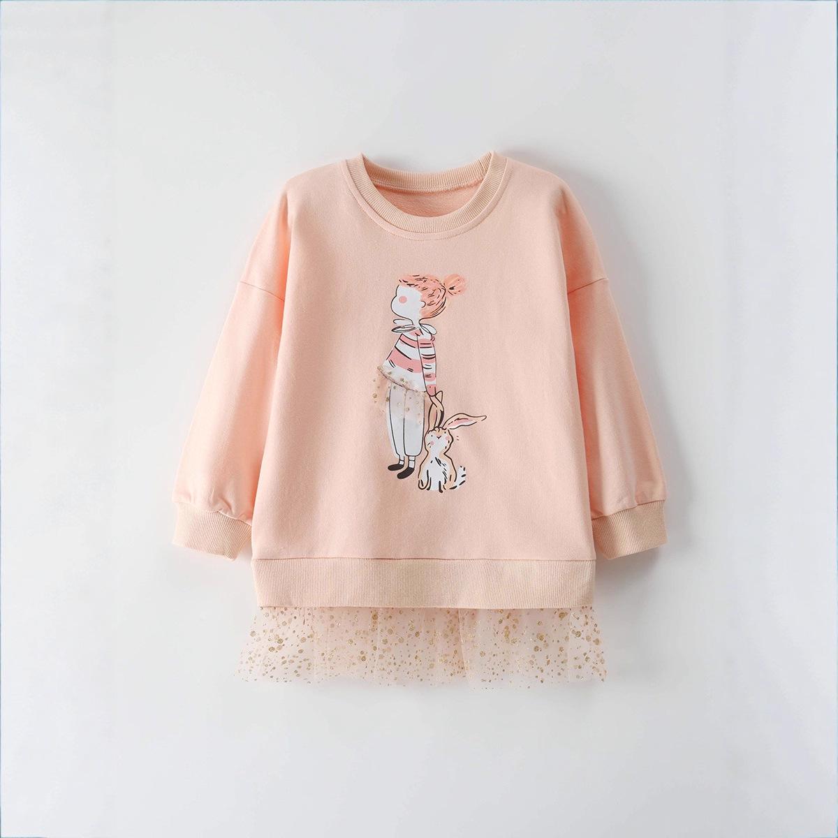 European & American Style Girls Hoodie - Autumn/Winter Mesh Print Cartoon Design 120cm (6Y)