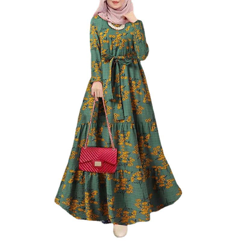 Retro Floral Cross-border Muslim Sundress with Waistband