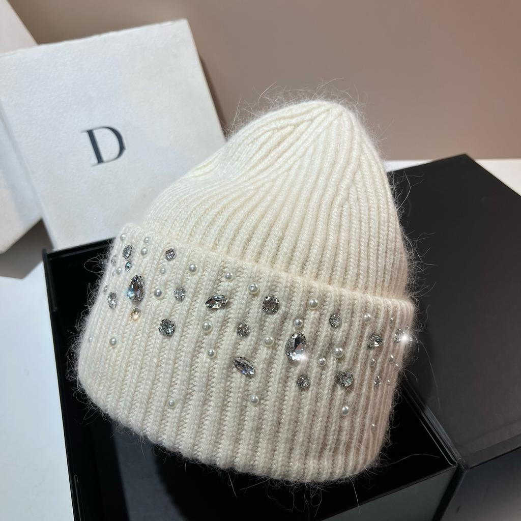 Real Rabbit Fur Diamonds Luxury Hats For Women Winter Warm Knitted Hat Ear Pretection Outdoor Skullies Beanies Skiing Cap