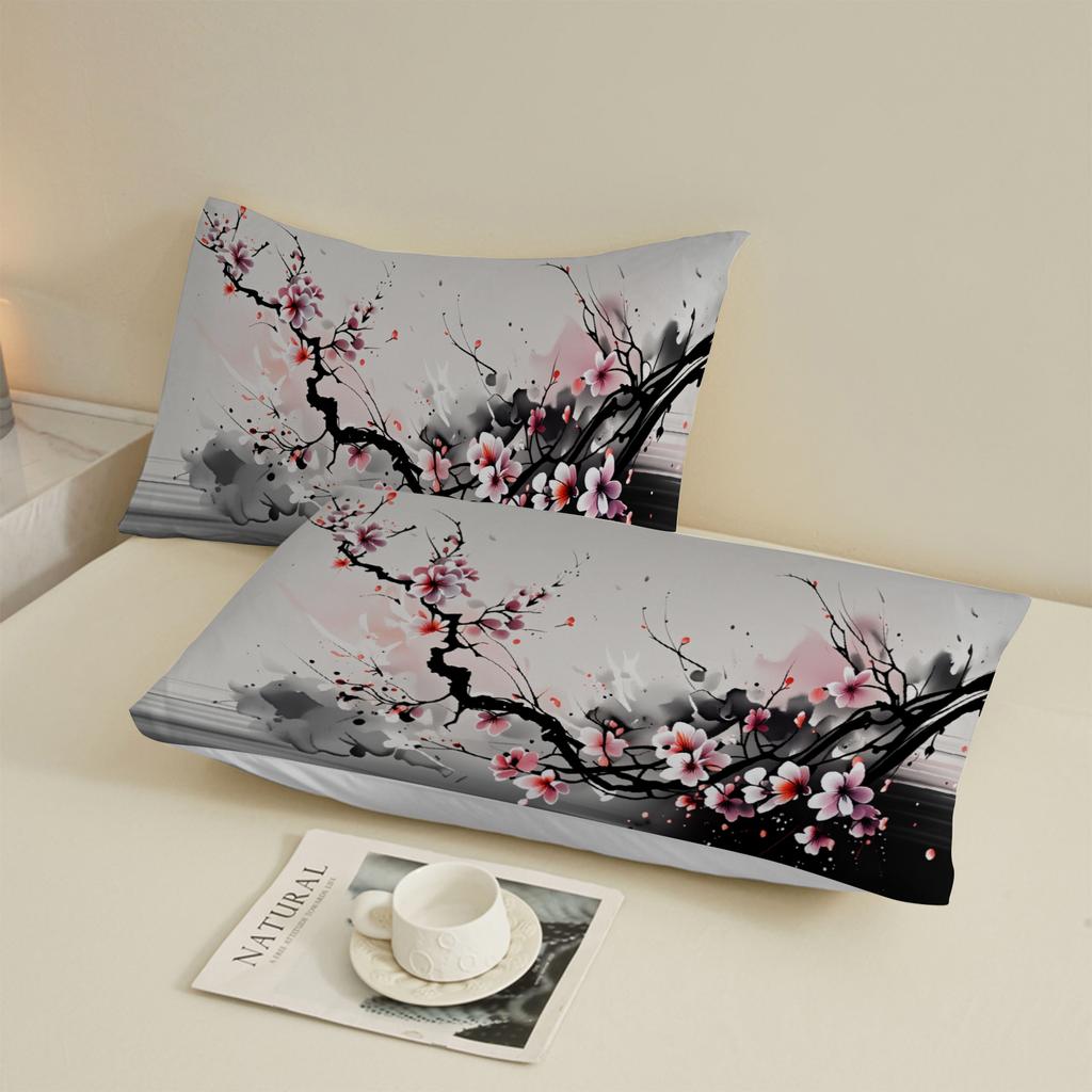 3pcs Cherry Blossom Fitted Sheet 3D Printed Pink And Black Floral Pattern Flat Sheet With Pillowcases No Filling Vivid Visual