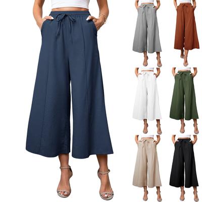 Women Linen Pants Wide-Leg Drawstring Casual Loose Crop Elastic Waist Cotton Beach Pants Culottes Trousers
