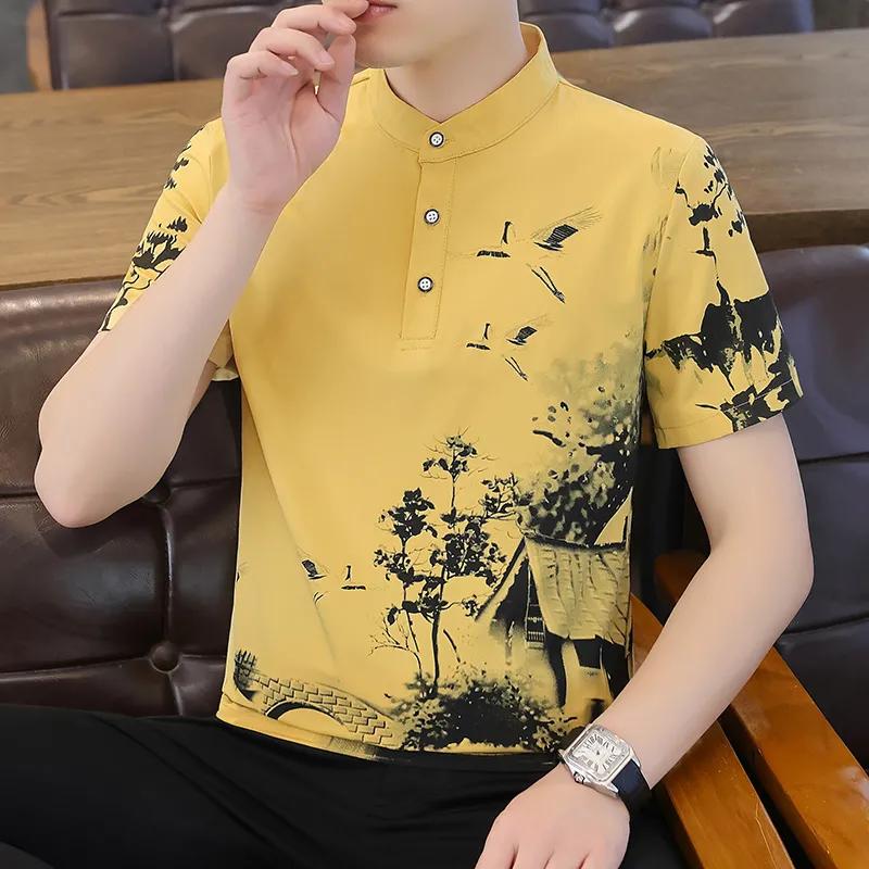 

Mens Stand Collar Ink Painting Print Short Sleeve Polo Shirt M
