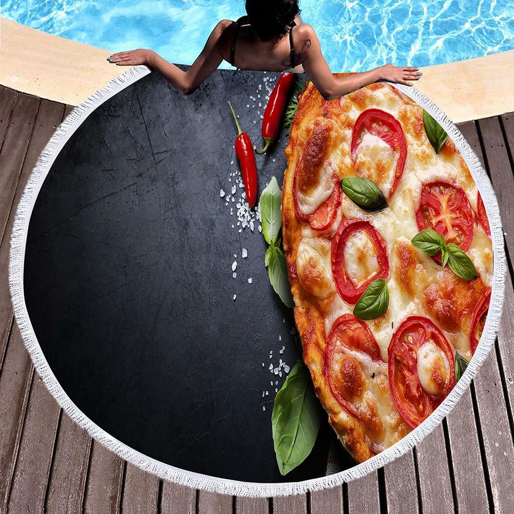 Round Beach Towel Delicious Pizza Pattern Round Beach Blanket Large Lightweight Beach Towel Quick Dry Absorbent Soft Pool Towel