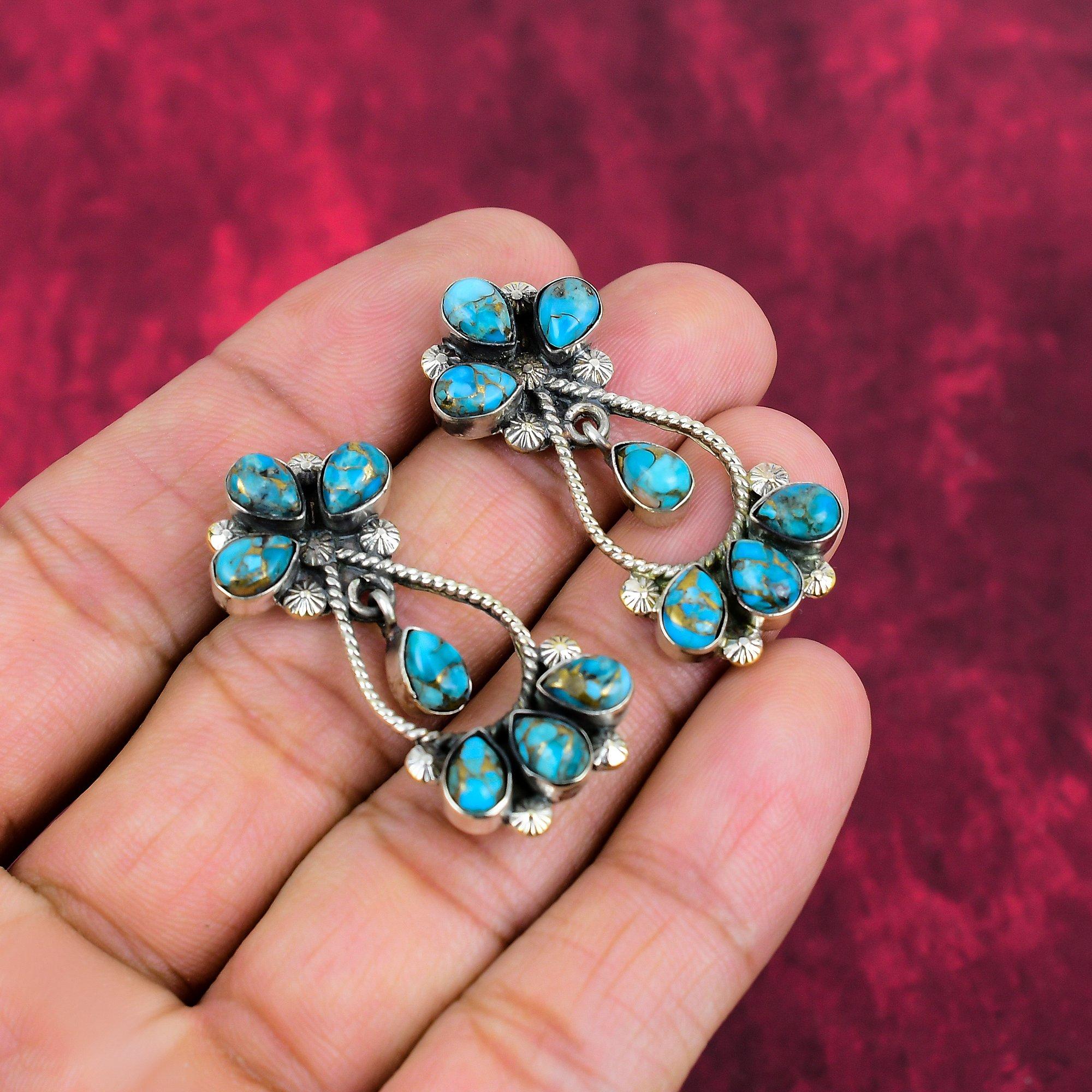 

Медно-голубые бирюзовые ювелирные изделия, серьги ручной работы с драгоценными камнями, 925 пробы цельные серьги из стерлингового серебра, антикварные ювелирные изделия, для подарка на помолвку 1.65 Inches синий