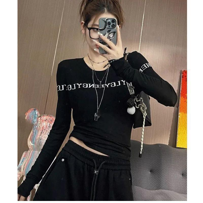Plus Size Slim Fit Spicy Girl Letter Print Long Sleeve Top for Autumn 2025 - Flattering Base Layer T-shirt Ins Trend