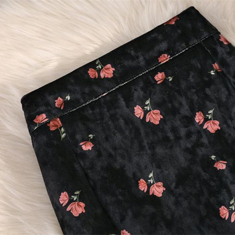 Fusta pe jumatate de toamna si iarna Fusta de dama Retro auriu cu imprimeu din catifea Fusta lunga de dama