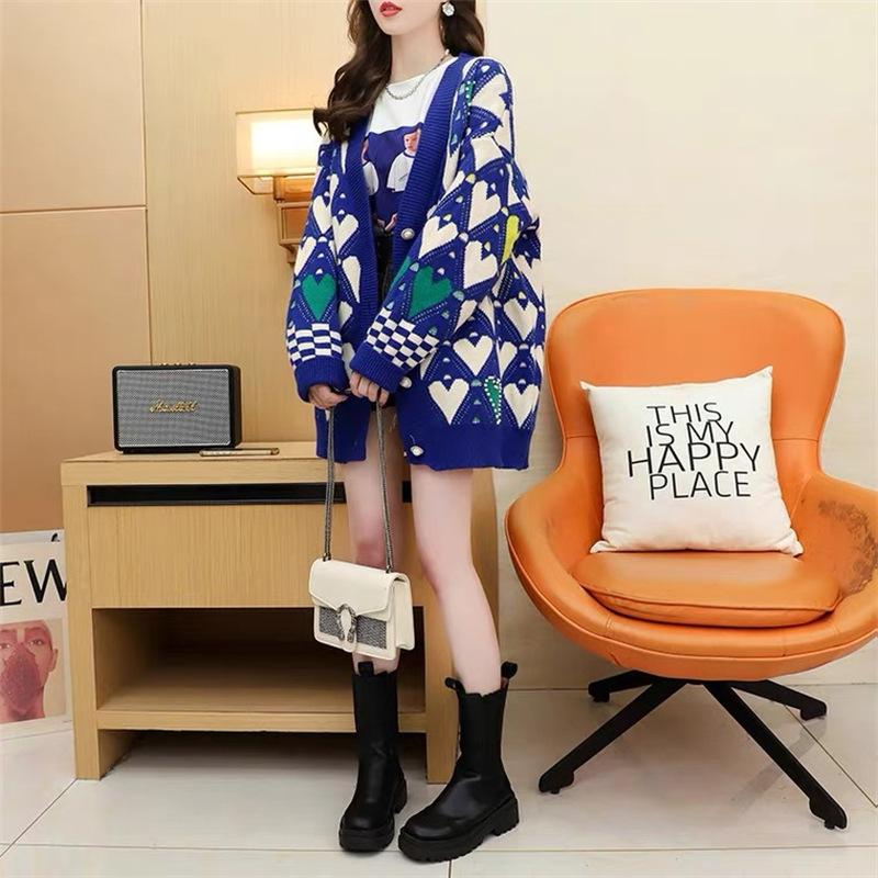 New Spring Autumn Sweet Sweater Cardigans Women V Neck Heart Printing Knitwear Single Breasted Casual Knit Cardigan