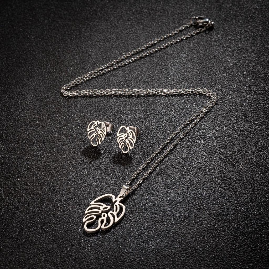 Korean Style Stainless Steel Palm Leaf Pendant & Earrings Set