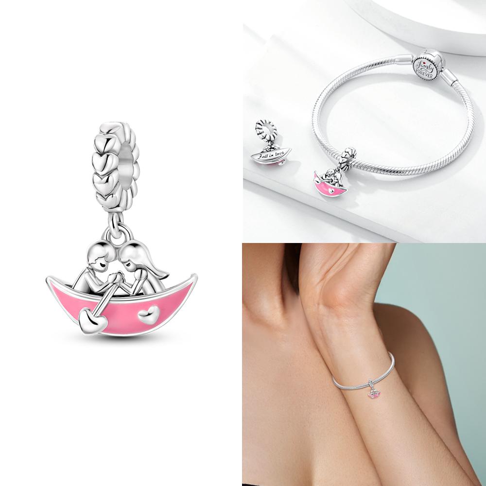 Rose Gold Pink Zircon Love Heart Beads Fit Bracelet Charms Copper Original Jewelry Women Diy Accessories