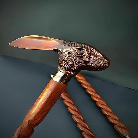 Brass Rabbit Head Handle Victorian Wooden Walking Stick Cane Ideal Gift for Men Women Father/Mother Natural Wood Walking Cane